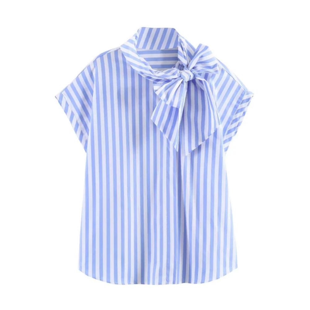 ZARA Fashionable Oversized Casual Bow Striped Short Sleeve Shirt